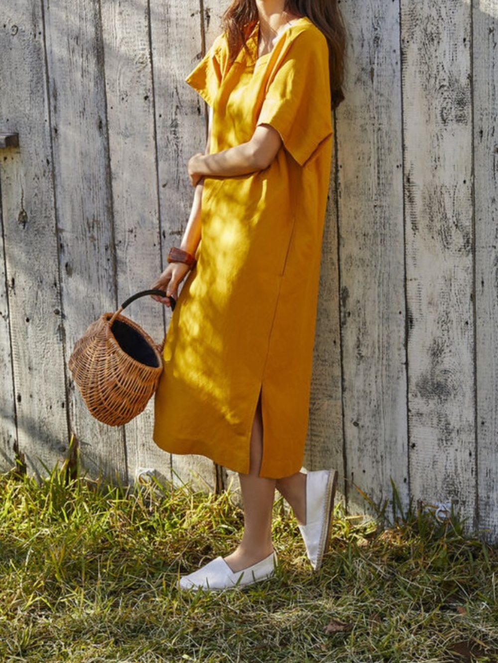 Uniqlo Mustard V-Neck Midi Dress with Short Sleeves